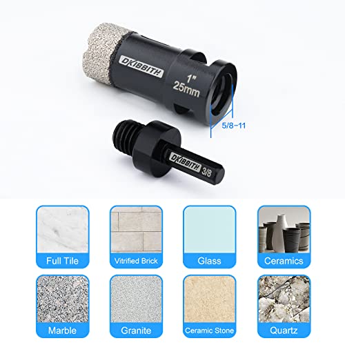 DKIBBITH 1 Inch Dry Diamond Core Drill Bits, 25mm Tile Vacuum Brazed Angle Grinder Hole Saw for Porcelain Ceramic Granite Brick Concrete with 5/8-11 Thread to 3/8” Hex Shank Adapter, Black