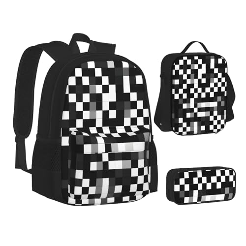 3Pcs Versatile Adjustable Large Capacity Black White Formula Checkered Pattern Print Backpack Lunch Box and Pencil Case2