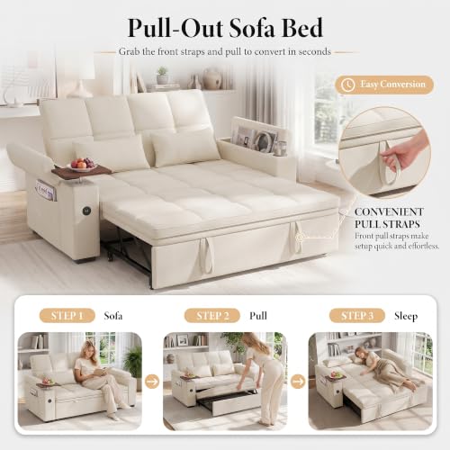 Image of Dreamzie 65'' Convertible Sleeper Sofa Bed with Swivel Side Table, Chenille Pull Out Couch for Living Room, Loveseat Sleeper Couch with Hidden Storage Space | Charging Port | Cup Holders, Off White