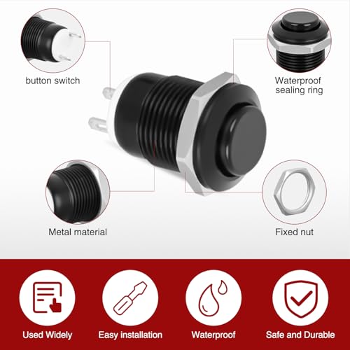 Image of Nilight 12mm Momentary Push Button Switch 6PCS | 12V Waterproof Black Metal Small Round Power Push Button Switches 2 Pin for Car Automotive Truck Boat Marine Off-Road Vehicle