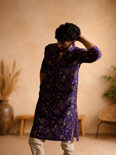 Image of Amazon Brand - Tavasya Men Silk Blend Ethnic Motif Printed Embellished Long Kurta | Regular Fit | Ethnic Wear | Full Sleeve