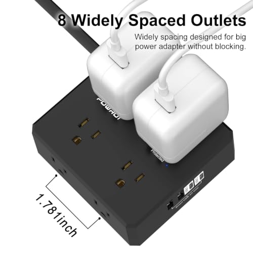 Image of Surge Protector Power Strip - 6 Ft Flat Plug Extension Cord with 8 Widely Outlets and 4 USB Ports(1 USB C), 3 Side Outlet Extender for Home Office, Black, ETL Listed