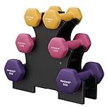 SONGMICS Set of 6 Dumbbells with Storage Stand, Hand Weights with Neoprene Coating, Hexagonal Dumbbells, 1 kg, 1.5 kg, 2 kg, Home Workout, Fitness, Yellow, Pink, and Purple SYL609B02