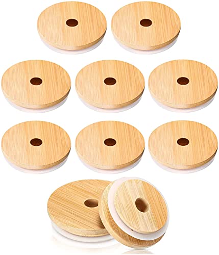 HUIYANG Lot de 10 couvercles réutilisables en bambou avec trou de paille, pour bocaux Mason à large ouverture Cover