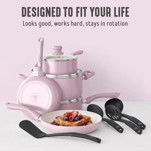 Image of GreenLife 16-Piece Nonstick Cookware Set, Non-Toxic Ceramic Pots and Pans Set, Durable Healthy Kitchen Essentials, Fast Heating, Induction Ready, Easy Clean Dishwasher Safe, PFAS-Free, Blush Pink