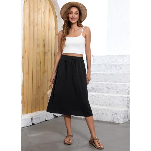 Image of Witsmile Women's Boho Elastic High Waist A Line Skirt Below Knee Swing Beach Midi Skirt with Pockets(UG Black,XL)