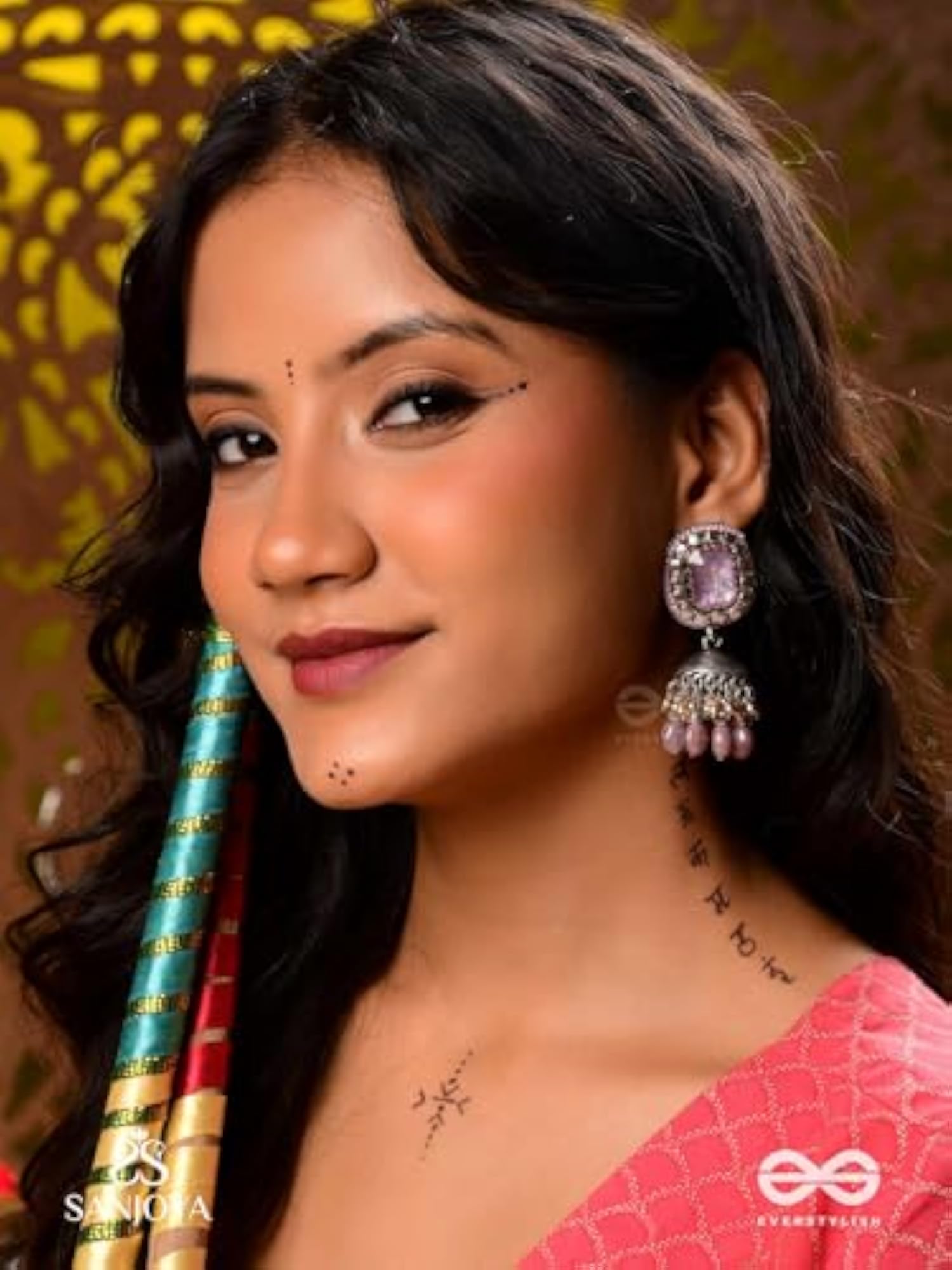 Women's Embroidered Jhumka Earrings with Lavender Stone