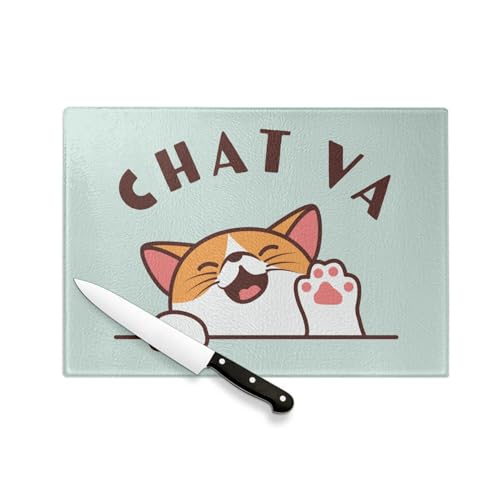 Planche à Découper en Verre Trempé - Chat va Chaton Humour Jeu de mot Dessin - Protection Plan de Travail et Dessous Plat Résistant Chaleur 2 Tailles Imprimé en...