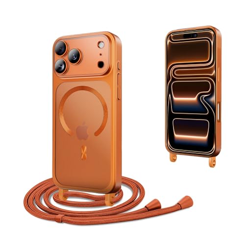CaseLover Funda Magnética con Cuerda Compatible iPhone 17 Pro MAX 6.9' Carcasa Suave Silicona Transparente Case con Ajustable Collar Correa de Cuello Cordón Anti-Choque Funda para 17 Pro MAX, Naranja