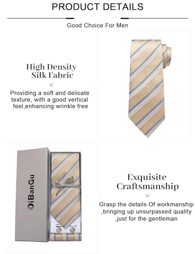 Image of DiBanGu Mens Striped Tie Silk Woven Necktie and Pocket Square Cufflinks Tie Clip Set Wedding Business Formal Gift Tie for Men