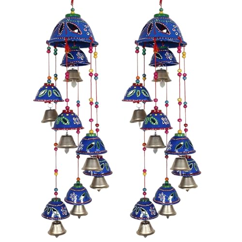 Image of Bindian Rajasthani Handcrafted 8-Bell Hanging Windchimes | Traditional Plastic Latkan for Home Decor, Vastu & Positive Energy | Elegant Wall Hanging for Balcony, Living Room (Blue-2)