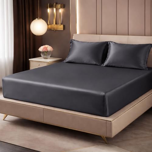 DECORUM Satin Fitted Bedsheet King Size 72x78x10 Inches Charcoal Black - Image 2
