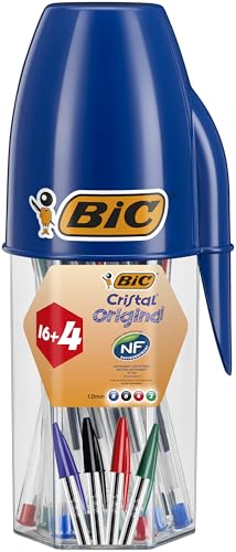 BIC Cristal Original Bolígrafos Punta Media (1,0mm) Colores Surtidos, Material Oficina y Escolar, Tubo de 20 unidades (16+4 gratis)