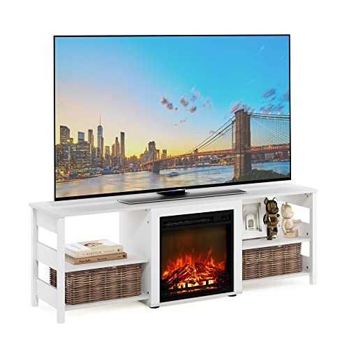 Image of Furinno Classic 70 Inch TV Stand with Fireplace, White Emboss