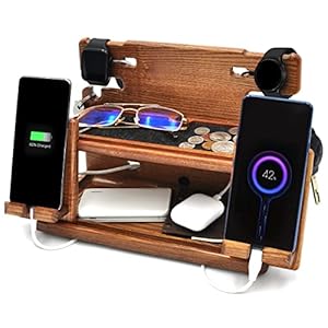 BarvA Wood Docking Station Bedside Table 2 Tier Organizer Double Phone Wallet Watch Stand Key Holder Tech Gadgets…