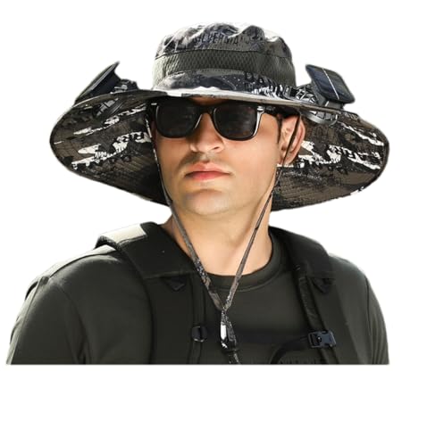 Jeeeun Wide Brim Solar Fan Outdoor Fishing Hat-Solar & USB Charging, UPF 50+ Sun Hat UV Protection Hat, Hat with Fan Built in Solar (L,One Size)