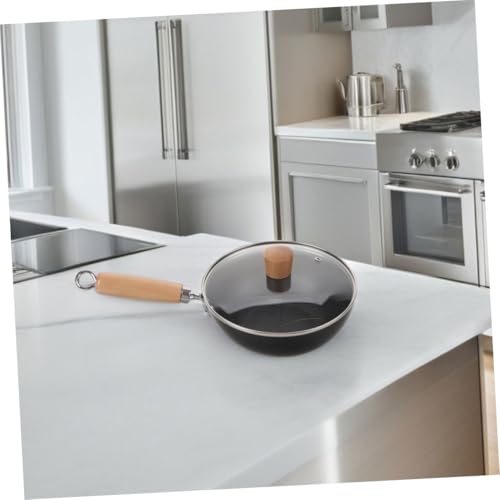 Wok de hierro fundido resistente con tapa y mango de madera miniatura 4