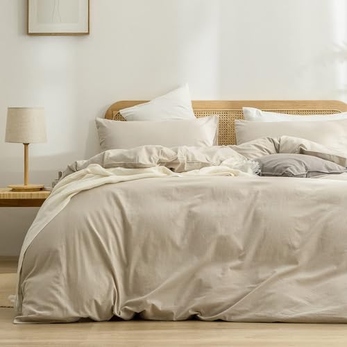 Image of BESTOUCH Cotton Solid Duvet Cover Set Almond Milk Grey Alaska King | 100% Washed Cotton, Soft Wrinkle Texture, Hidden Zipper, 8 Ties, Breathable Lightweight Durable Comfy, 3 Pcs No Insert