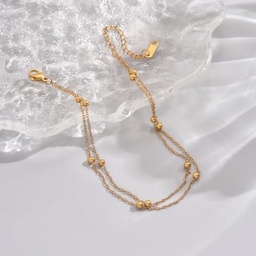 Image of 18K Gold Plated Boho Beaded Anklets for Women Dainty Gold Layered Round Ball Ankle Bracelet Pearl Cross Anklet Bracelet Waterproof Gold Jewelry