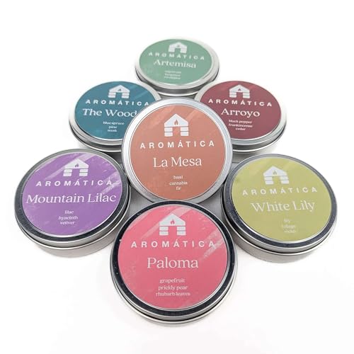 Bluecorn Arom&aacute;tica Scented Candle Sample Set, 7 Clean Burn Coconut Wax Tins, Mountain Lilac, White...