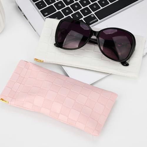 Image of Sightor Sunglasses Case, 2 Pcs Soft Eyeglass Cases Checkered Sunglass Case Portable Squeeze Top Leather Glasses Pouch