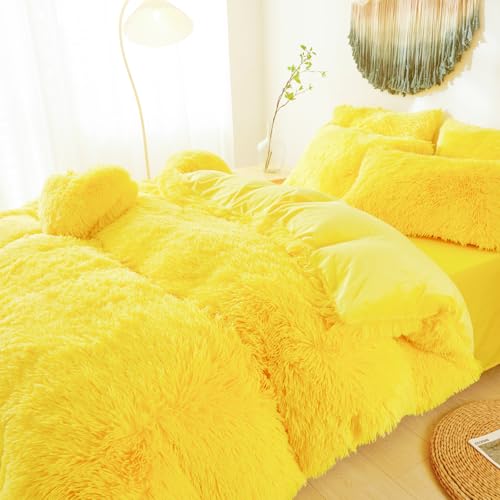Faux Fur Fluffy Yellow Comforter Cover Twin Set – Plush Faux Fur Yellow Bedding 2-Piece Set (1 Furry Duvet Cover + 1 Shaggy Pillow Sham) Cozy Bed Set