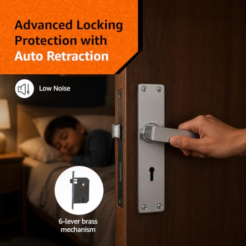 Image of Amazon Basics Mortise Door Lock Handle Set | Brass Mortise Lock Body | 100,000 Cycle Durability Tested | Suitable for Left & Right Handed Doors | Satin Steel Finish | Includes 3 Keys