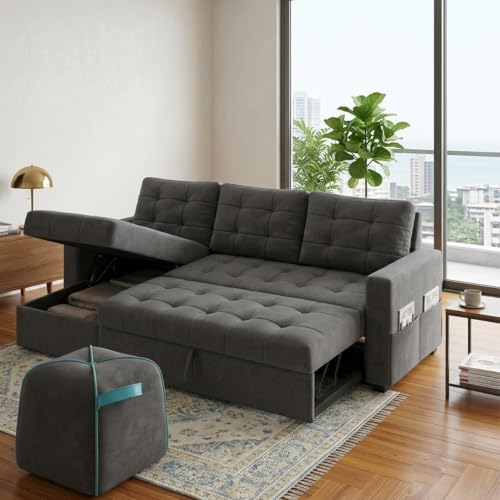 Image of CASASTYLE Sumur 5 Seater LHS L Shape Sofa with Pull Out Bed, Storage Lounger & Suri Pouf Ottoman | Soft Velvet Suede Fabric | Comfort Cushions | Ideal for Living Room, Hotel & Office (Dark Grey)