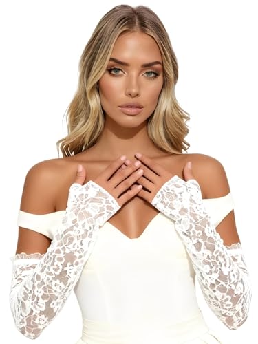 SAWINDA Long Lace Gloves Fingerless Bridal Arm Sleeves Elbow Length Stretchy Floral Gloves For Wedding Dance Tea Party Costume Accessories (19.7 Inch)