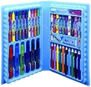 Estojo de Arte 48 Peças Azul, Kit Completo com Canetinhas, Lápis de Cor, Giz de Cera e Acessórios, 28x24 cm aberto