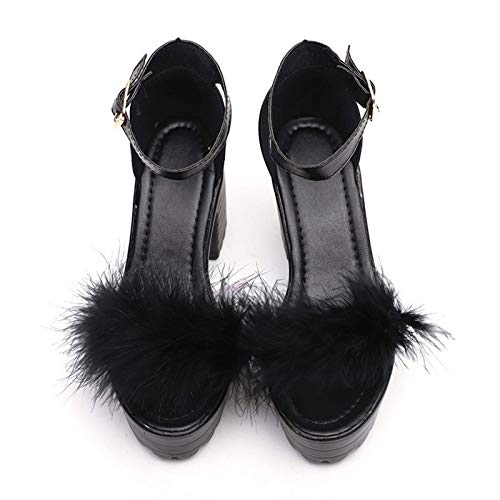 Zbyy Women's Summer Shoes Chunky Heel Sandals Ankle Strap Open Toe Fluffy Feather Dressy High Heeled Platform Dress Shoes Black #TOP4