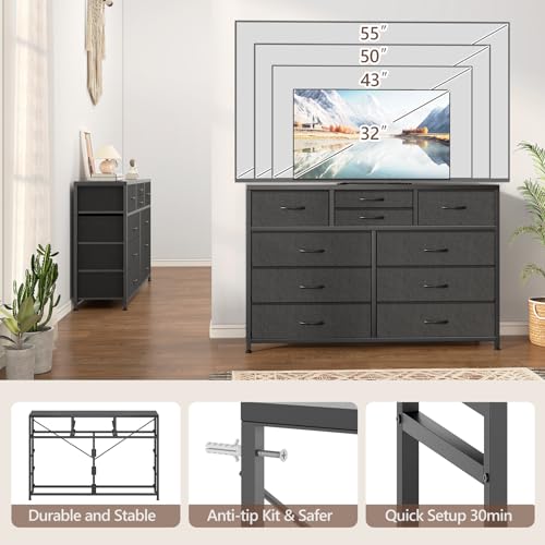 GAOMON 10 Drawers Fabric Dressers for Bedroom, Modern Chest of Drawers, Lightweight Entertainment Center with Fabric Bins for Living Room, Hallway, 45" Wide TV Stand Dressers, Wood Top, Steel Frame