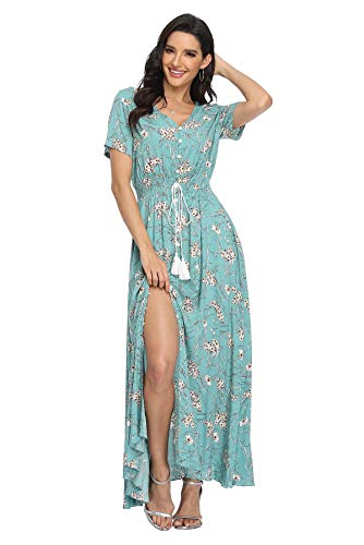Image of VintageClothing Women's Floral Maxi Dresses Boho Button Up Split Summer Casual Long Dress Beach Party Dress