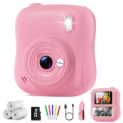 Instant Print Camera for Kids,Christmas Birthday Gifts for 3 4 5 6 7 8 9 10 11 12 Year Old Boys Girls,Toddler Digital Video Camcorder Cameras, Best 1080P HD Selfie Toy with 32GB SD Card