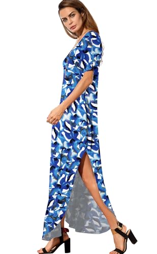Image of GRECERELLE Women's Summer Maxi Dress Casual Loose V Neck Short Sleeve Side Split Long Dresses with Functional Pockets