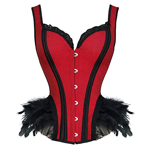 Charmian Women's Gothic Burlesque Lace Up Boned Shoulder Straps Tank Overbust Bustier Corset Top with Feather Red Medium