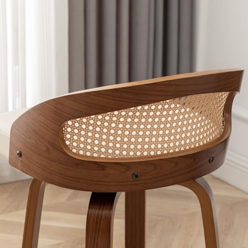 Image of 30 inch Swivel Rattan Bar Stools Set of 3 Mid-Century Modern Faux Leather Upholstered Bar Height Stools Kitchen Island Barstool with Rattan Low Backrest,Walnut Wood Finish Bar Chairs,Beige PU