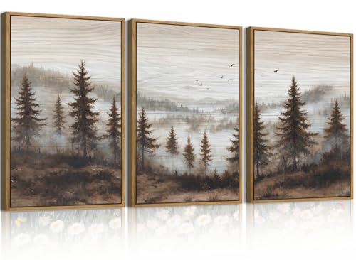Aurlan Large Foggy Pine Tree Mountain Framed Canvas Wall Art