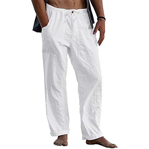 LVCBL Pantalones de Lino para Hombre con Bolsillos con Cordón Cómodos Pantalones de Salón de Playa Blanco Cover