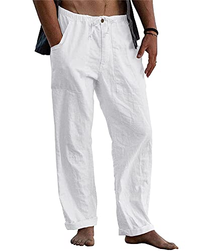 LVCBL Mens Loose Linen Trousers Casual Beach Men Drawstring Pant White 3XL