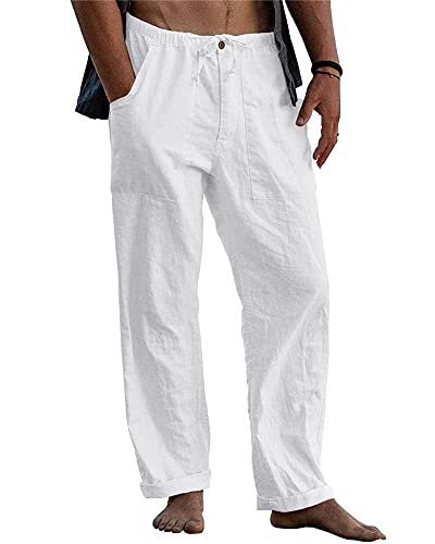 DUOLUVA Sommerhose Herren Leicht Fit Leinen Hosen Herren Weiße Hose Herren Freizeithose Herren Weiß L