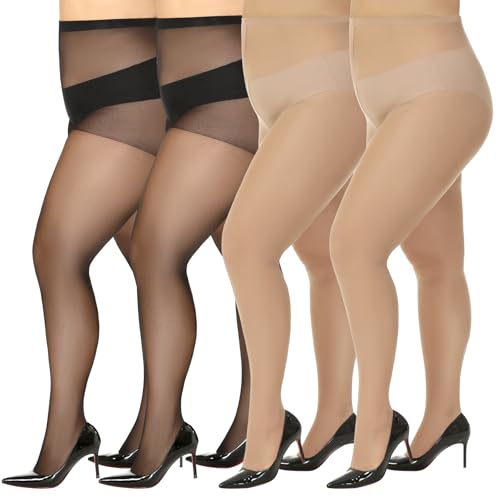 MANZI Women's Plus Size Pantyhose 4 Pairs Sheer Nylon Tights 3X-Large 2natural Nude+2black