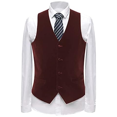 Zeattall Men's Vest Velvet V-Neck Formal Suit Vests Groom Vest Slim Fit Wedding Waistcoat(Burgundy,L) Cover