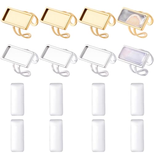Beebeecraft 1 Caja 8 Piezas de Bases para Anillos Rectangulares Chapadas En Oro de 18 Quilates 304 bandejas de Acero Inoxidable con Bisel Abierto para Anillos Bases para Anillos con Cabujón para la