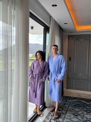 Image of Muslin Unisex Bathrobe Women & Men, 100% Cotton Kimono Lightweight Robe | Long Robes Soft, Absorbent, Spa robes