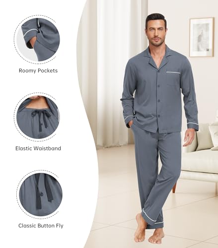 COLORFULLEAF Men's 100% Cotton Pajamas Set Button Down Pajamas for Men Long Sleeve Mens Loungewear Sets with Pockets4
