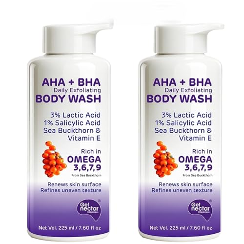 Image of Get Nectar Happiness Korean Glow Essence AHA-BHA Body Wash | 4% Actives (3% Lactic Acid + 1% Salicylic Acid) | Omega 3,6,7,9 | Exfoliating Body Wash for Tan, Body Acne & Smooth Glowing Skin | Sulfate & Paraben Free | For Men & Women | 225ml (Pack fo 2)
