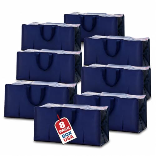 Image of BOX USA 8-Pack Moving Bags with Strong Handles & Zippers - Heavy Duty Extra Large Packing Bags for Storage, Moving Boxes, Dorm & College Supplies, Blue