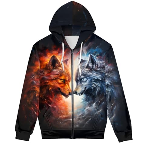 JooMeryer Unisex Mens Cool Wolf Full Zip Up Hoodies Long Sleeve Crew Neck Casual Jacket
