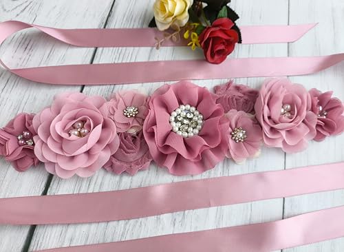 Dusty Pink Maternity Sash Belt for Baby Shower, Flower Sash Belt for Maternity Dresses2